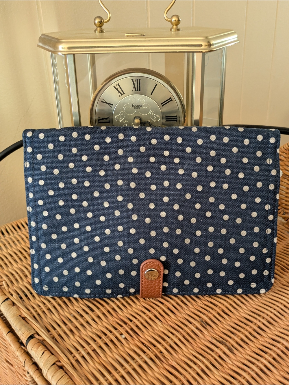 Thirty-One Polka Dot Navy Canvas Clutch Wallet with Brown Accent